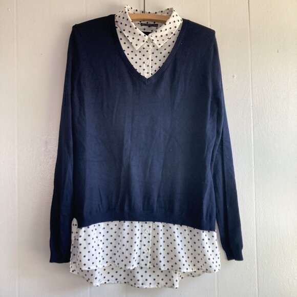 Adrianna Papell Layered Sweater Shirt Polka Dot Collared Blouse sz Large - Picture 1 of 10